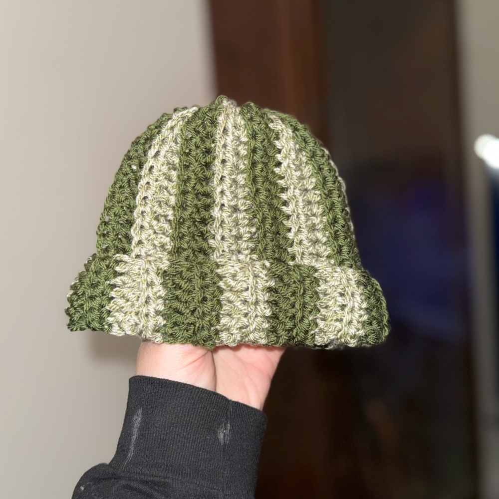 Green and sage Striped crochet Beanie